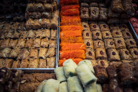 Jerusalem, Israel - February 17, 2026 Sweet delicacies of Mahane Yehuda, showcasing traditional...