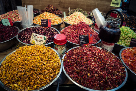 Jerusalem, Israel - February 17, 2026 Exploration of traditional dried fruits, vegetables and...