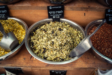 Jerusalem, Israel - February 17, 2026 Exploration of traditional spices at Mahane Yehuda Market,...
