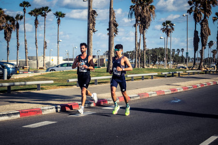 Tel Aviv, Israel, February 27 2026 Large crowd of runners competing in the streets during the annual...