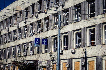 Kyiv, Ukraine, October 10,  2022 Aftermath of massive Russian missile attacks, facade of historical...