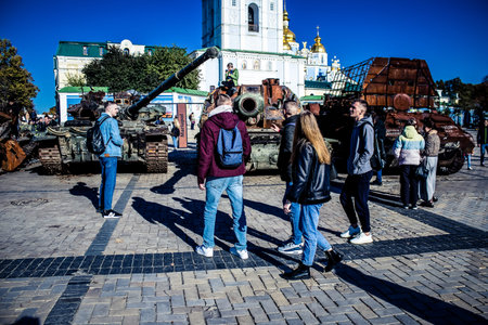 Kyiv, Ukraine, October 16, 2022 People visiting an open air exhibition and features Russian military equipment that was captured and destroyed during the 2022 Russian invasion of Ukraineのeditorial素材