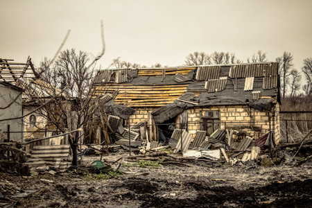 Terny, Ukraine, 28 November 2022 Cityscape of the destroyed village of Terny in the Donbass in Ukraine, this is the front line, the Russian army has invaded Ukraine and fierce fighting takes place in this region which has become a battlefieldのeditorial素材