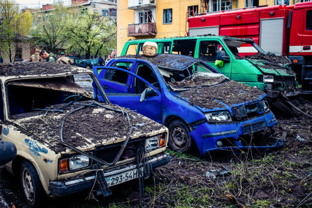 Sloviansk, Ukraine, April 14, 2023 Rescuers intervene on a building in a residential area of...