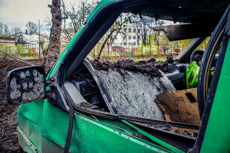 Sloviansk, Ukraine, April 14, 2023 Rescuers intervene on a building in a residential area of Sloviansk was hit head-on by an S300 missile. The damage is considerable and many victims are still under the rubble. Civilians are prime targets.のeditorial素材