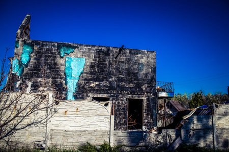Bohorodychne, Ukraine, April 17,  2023 Destroyed houses located in the village of Bohorodychne,...