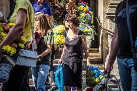 Lviv, Ukraine, August 29, 2024 Military funeral ceremony at the Church of the Most Holy Apostles...