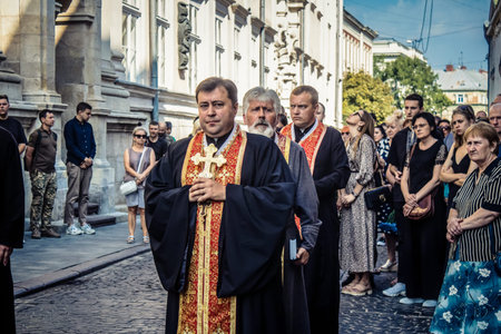 Lviv, Ukraine, August 31, 2024 Military funeral ceremony at the Church of the Most Holy Apostles...