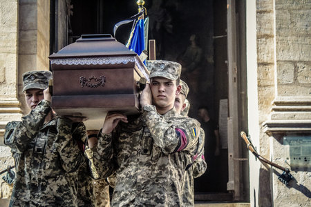 Lviv, Ukraine, August 29, 2024 Military funeral ceremony at the Church of the Most Holy Apostles...