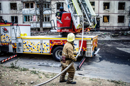 Kharkiv, Ukraine, September 16, 2024. Firefighters work in the aftermath of the Russian attack on a...