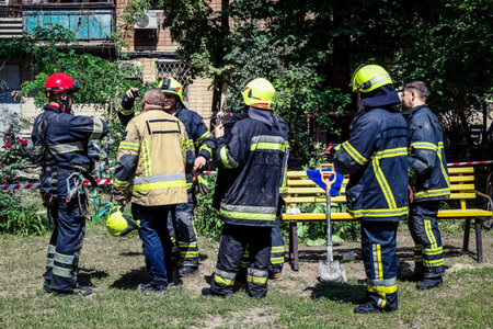 Kharkiv, Ukraine, June 7, 2025 Firefighters respond to a Russian attack on a residential building in...