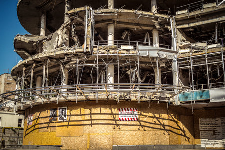 Kharkiv, Ukraine, June 9, 2025 A building damaged by a Russian ballistic missile attack. Civilians...