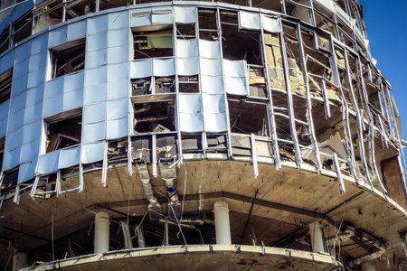 Kharkiv, Ukraine, June 9, 2025 A building damaged by a Russian ballistic missile attack. Civilians...