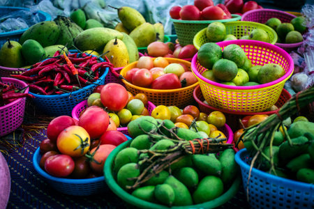 Bangkok, Thailand, March 12, 2025. A street vegetable market in Bangkok. Fresh markets are sprawling...