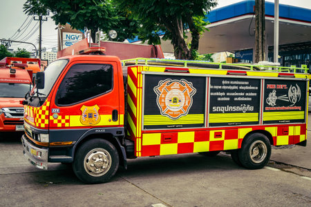 Bangkok, Thailand, March 31, 2025 Firefighters are deployed to the construction site of a building...