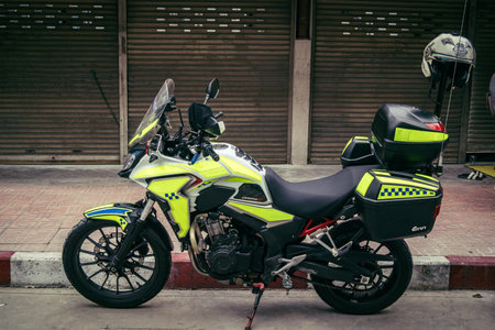 Bangkok, Thailand, March 31, 2025 Police cars are deployed to the site of a collapsed building after...