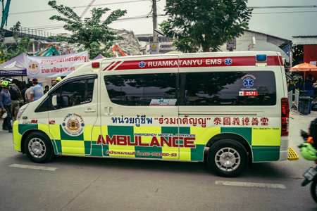 Bangkok, Thailand, March 31, 2025 Ambulances are at the site of a building under construction that...
