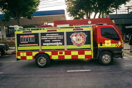 Bangkok, Thailand, March 29, 2025. Firefighters are deployed to the construction site of a building...