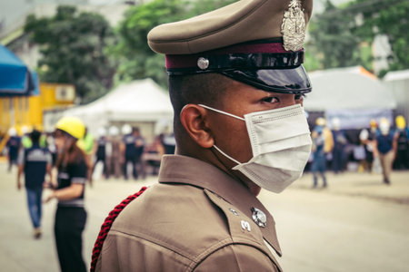 Bangkok, Thailand, March 31, 2025 Law enforcement are deployed to the site of a collapsed building...