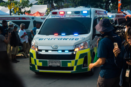 Bangkok, Thailand, March 29, 2025. Ambulances are at the site of a building under construction that...