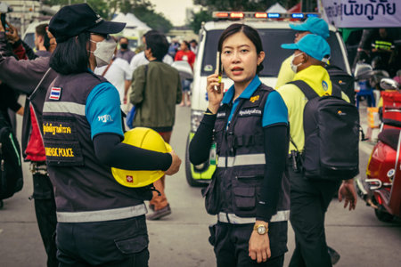 Bangkok, Thailand, March 31, 2025 Law enforcement are deployed to the site of a collapsed building...