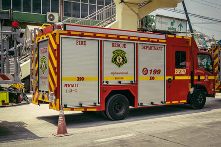 Bangkok, Thailand, March 29, 2025. Firefighters are deployed to the construction site of a building...