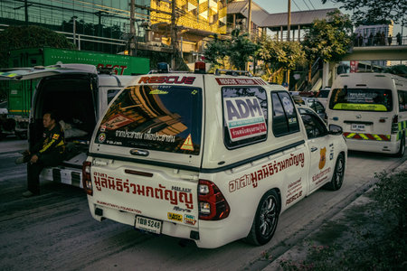 Bangkok, Thailand, March 29, 2025. Ambulances are at the site of a building under construction that...