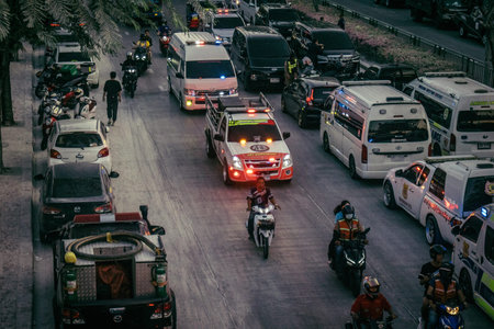 Bangkok, Thailand, March 29, 2025. Firefighters are deployed to the construction site of a building...