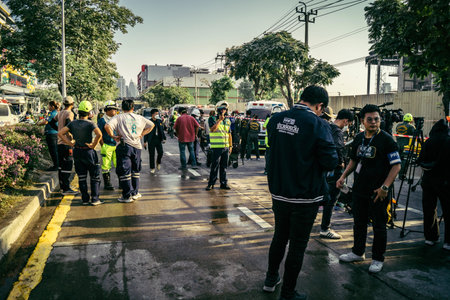 Bangkok, Thailand, March 28, 2025 Rescuers in Bangkok are at the site of a high-rise building under...