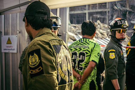 Bangkok, Thailand, March 28, 2025 Rescuers in Bangkok are at the site of a high-rise building under...