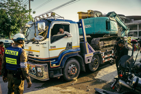 Bangkok, Thailand, March 28, 2025. Police assist rescuers in Bangkok at the site of a high-rise...