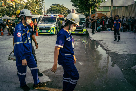 Bangkok, Thailand, March 28, 2025 Rescuers in Bangkok are at the site of a high-rise building under...