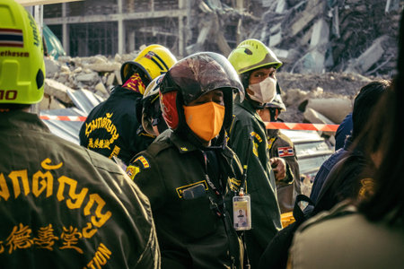 Bangkok, Thailand, March 28, 2025 Rescuers in Bangkok are at the site of a high-rise building under construction that collapsed after the earthquake struck the Thai capital.のeditorial素材