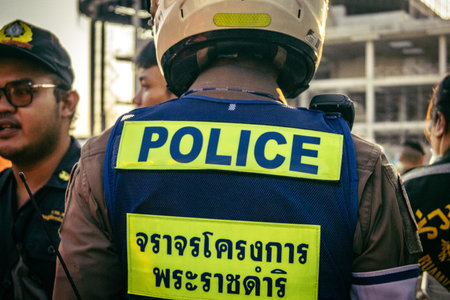 Bangkok, Thailand, March 28, 2025. Police assist rescuers in Bangkok at the site of a high-rise...