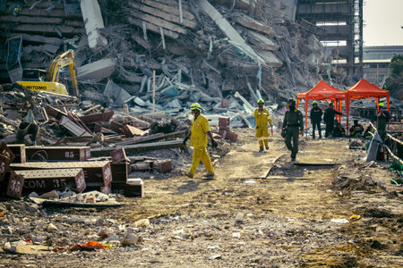 Bangkok, Thailand, March 28, 2025 Rescuers in Bangkok are at the site of a high-rise building under...