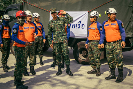 Bangkok, Thailand, March 29, 2025. Rescuers work at the site of a high-rise building under...