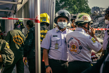 Bangkok, Thailand, March 28, 2025 Rescuers in Bangkok are at the site of a high-rise building under...
