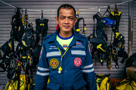 Bangkok, Thailand, April 02, 2025 Rescuers work at the site of a high-rise building under...