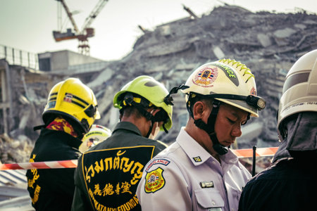 Bangkok, Thailand, March 28, 2025 Rescuers in Bangkok are at the site of a high-rise building under...