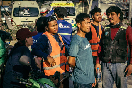 Bangkok, Thailand, March 28, 2025 Rescuers in Bangkok are at the site of a high-rise building under...