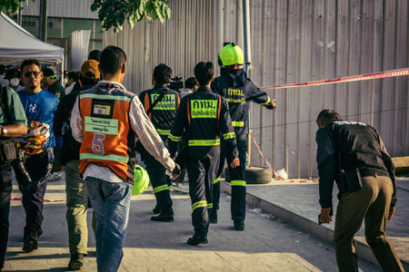 Bangkok, Thailand, March 28, 2025 Rescuers in Bangkok are at the site of a high-rise building under...
