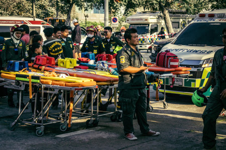Bangkok, Thailand, March 28, 2025 Rescuers in Bangkok are at the site of a high-rise building under...