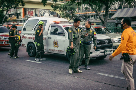 Bangkok, Thailand, March 28, 2025 Rescuers in Bangkok are at the site of a high-rise building under...