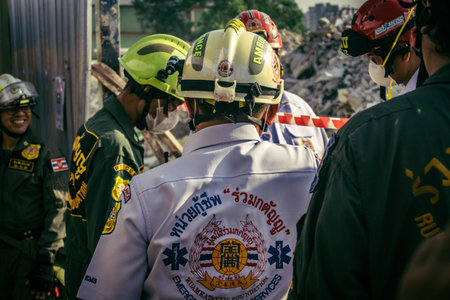 Bangkok, Thailand, March 28, 2025 Rescuers in Bangkok are at the site of a high-rise building under...