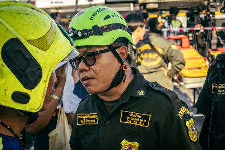Bangkok, Thailand, March 28, 2025 Rescuers in Bangkok are at the site of a high-rise building under...