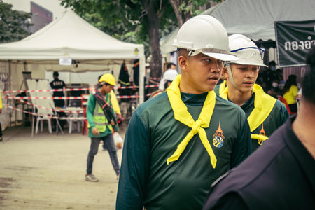 Bangkok, Thailand, March 31, 2025 Rescuers work at the site of a high-rise building under...