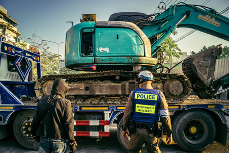 Bangkok, Thailand, March 28, 2025. Police assist rescuers in Bangkok at the site of a high-rise...