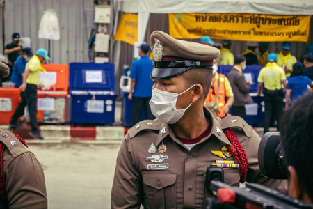 Bangkok, Thailand, March 31, 2025 Law enforcement are deployed to the site of a collapsed building...