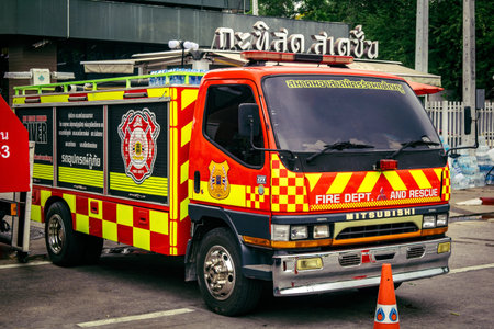 Bangkok, Thailand, March 31, 2025 Firefighters are deployed to the construction site of a building...