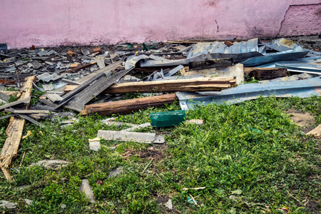Kharkiv, Ukraine, June 11, 2025 Small residential building in Kharkiv was hit by two Russian Shahed...